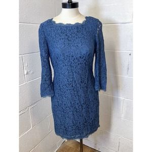 Adrianna Papell Lace Long Sleeve Dress Sz 6p Blue Holiday Formal Sexy Short Gown